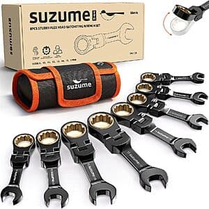Eight-piece metric ratcheting wrench set with stubby flex heads in silver/gray finish, sizes 8mm to 17mm displayed.