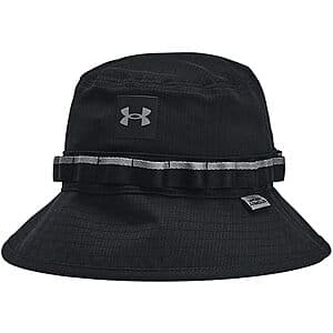 Black and Castlerock Under Armour Iso-Chill ArmourVent bucket hat with ventilation panels.