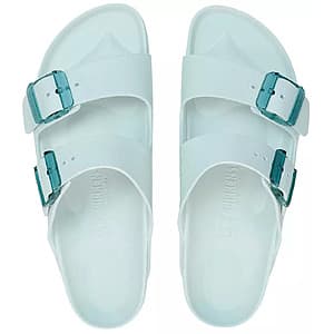 Birkenstock Women's Arizona Stealth Buckle EVA Waterproof Sandals in purple and green colorways with adjustable buckle straps.