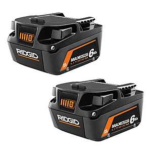 2-Pk 6Ah RIDGID 18V MAX Output Lithium-Ion Batteries $106 + Free S&H