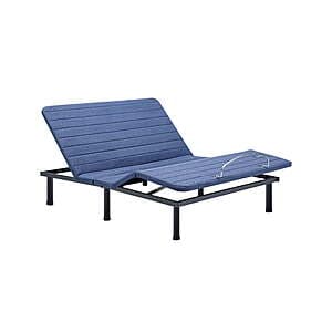 Mainstays queen-size blue metal platform bed base with quilted padded surface and steel legs elevated to 14 inches height.