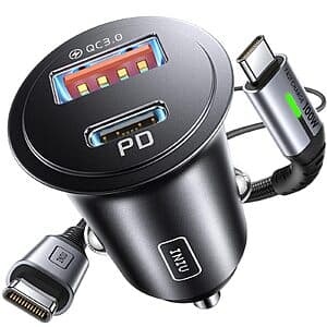 INIU Up to 60W USB 12V Socket Car Charger w/ 3.3' 100W USB Type C Cable $6.90