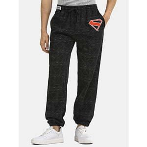 Men's burgundy or navy sweatpants with Superman branding, displayed in sizes L–3X.