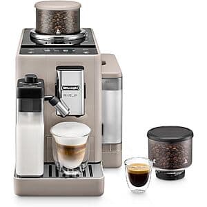 De'Longhi Rivelia beige automatic espresso machine with integrated grinder and milk frother displayed against white background.