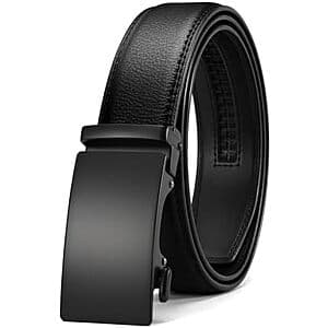 Black leather men's ratchet belt with 1 3/8" width and micro-adjustable mechanism, sized for 32-38" waist.
