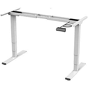 White electric dual-motor desk frame with 3-stage height adjustment control panel.