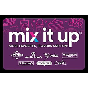 Mix It Up $50 digital gift card with logos of seven dining brands: Auntie Anne's, Carvel, Cinnabon, Jamba, McAlister's Deli, Moe's Southwest Grill, and Schlotzsky's.