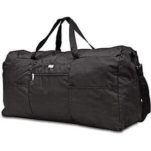 Black Samsonite foldaway packable duffel bag, extra large size, displayed folded and ready for travel storage.