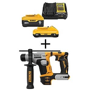 DeWALT ATOMIC 20V MAX compact hammer drill with 5/8-inch SDS+ chuck, shown with included 6.0Ah and 4.0Ah lithium-ion batteries.