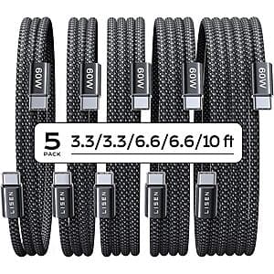 5-Pack LISEN 60W USB-C Charging Cables (2x 3.3', 2x 6.6' + 10') $8.60