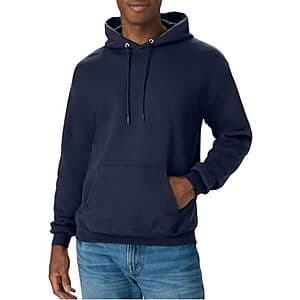 Hanes EcoSmart navy fleece pullover hoodie with front pocket and drawstring.