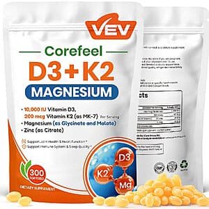 300-count bottle of VEV Corefeel Vitamin D3 + K2 softgels in golden capsule form with magnesium and zinc.