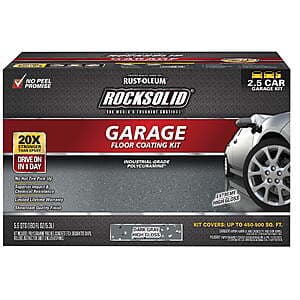 Rust-Oleum RockSolid premium epoxy garage floor coating system in Dark Gray packaging.
