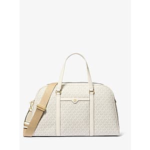 Light cream multi-colored Michael Kors Jet Set Travel Extra Large Signature Logo Weekender Bag with dual handles and iconic MK logo pattern.