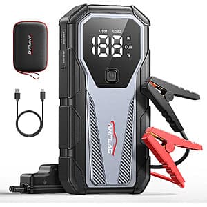 ANFLAG 6000A car jump starter with black housing and red/black charging cables, compact portable design suitable for automotive use.