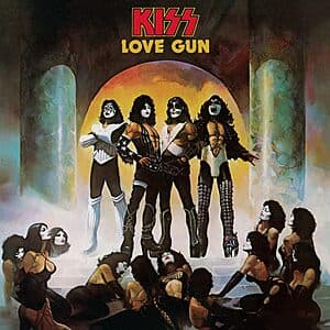 KISS Love Gun vinyl record in Tangerine and Aqua Splatter pattern.