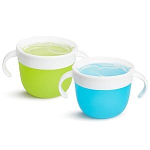 Two Munchkin Snack Catcher cups with spill-proof lids in blue and green, each 9 oz capacity.