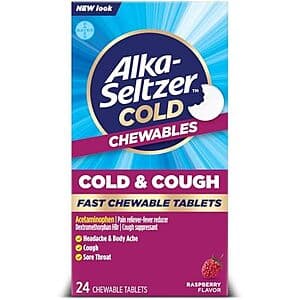 24-count box of Alka-Seltzer Plus Cough & Sore Throat Fizzy Chews in Raspberry flavor.