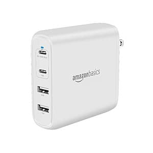 Amazon Prime Exclusive Amazon Basics 100W Four-Port GaN Wall Charger with 2 USB-C (100W, 18W) & 2 USB-A Ports (12W) with PD for Laptops, Tablets & Phones $21.7