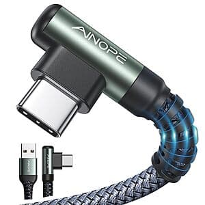 2-Pk 6.6' AINOPE USB-A to USB-C 3.1A Right Angle Fast Charging Cables $5