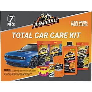 Armor All 7-piece car care cleaner kit box containing protectant wipes, glass wipes, cleaning wipes, wash and wax formula, and tire shine products.