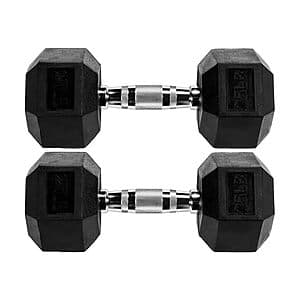 Pair of black rubber-encased hex dumbbells, 25 lb each, with hexagonal shape to prevent rolling.