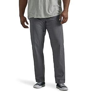 Lee Men's Big & Tall Extreme Motion Flat Front Regular Straight Pant in Painter Gray, displayed on a model in size 44W x 29L Big.