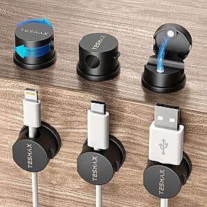 Six black Tesmax magnetic cable organizer clips with 360-degree rotating heads for cord management.