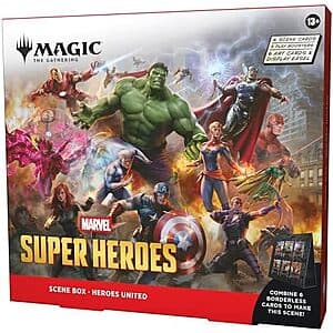 Magic: The Gathering Marvel Super Heroes Scene Box containing foil borderless cards, art cards, play boosters, and display easel with Heroes United theme packaging.