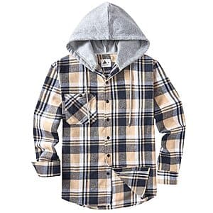 ZITY Men's Casual Plaid Button Down Shirt w/ Flannel Hood (Navy/Beige/White) $10
