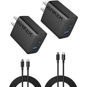 2-Pk Anker 20W 2-Port USB-C Wall Chargers w/ 5' USB-C Cables $13