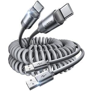 2-Pk 4' LISEN USB A to USB C 3.1A Coiled Carplay Cables (Grey) $5
