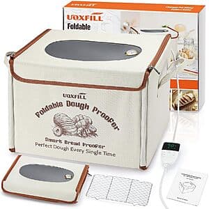 Uoxfill 36L folding bread proofing box in grey, featuring vents and control panel for temperature and timer settings.