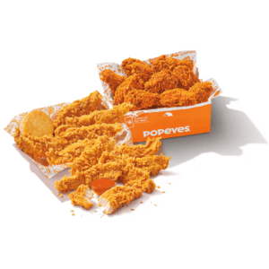 12-piece order of Popeyes chicken in a red container, including boneless wings or bone-in wings and chicken tenders.