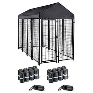 Large welded rectangular outdoor wire dog crate (102"x48"x72") in black metal with bundle of dog poop bag pack.