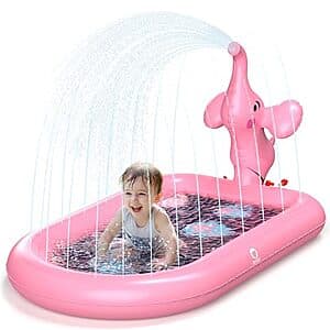 Inflatable elephant-shaped wading pool in bright colors with integrated rim sprinklers and elephant tail water spout for children's water play.