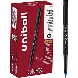 12-pack of Uni-Ball Onyx 0.5mm micro point rollerball pens with blue ink in packaging.