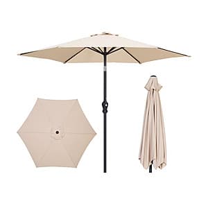 Beige 7.5-foot outdoor market umbrella with tilt and crank mechanism, suitable for patios and gardens.