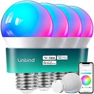 4-Pk Linkind A19 E26 9W RGBTW Color Changing Smart LED Light Bulbs $15