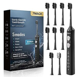 Black 7MAGIC Sonic Electric Toothbrush with charging base and 8 white replacement brush heads displayed.