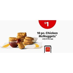 McDonald's App Offfer: 10-Piece Chicken McNuggets $1 (Valid 1x per week until 11/24/24)