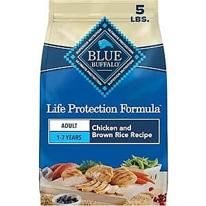 5-pound bag of Blue Buffalo Adult Dry Dog Food in chicken and brown rice formula with the brand's signature blue and orange packaging.