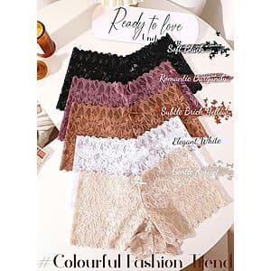 5-pack of Ready To Love women's cheeky lace boyshorts in various colors and styles with V waist design.