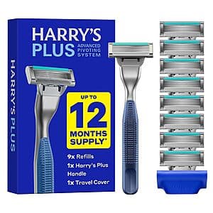 Harry's Plus razor handle in Tide color with nine blue and silver razor blade refill cartridges packaged together.