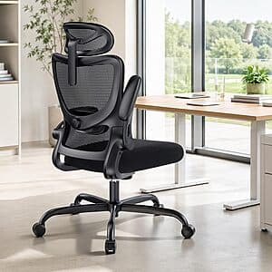 HUANUO high-back ergonomic office chair with black upholstery, adjustable lumbar support, integrated 2D headrest, and 3D armrests.