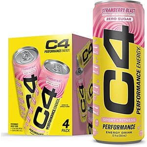Four 12-ounce cans of C4 Performance Energy Drink in Strawberry Blast flavor with the brand's signature black and red packaging.