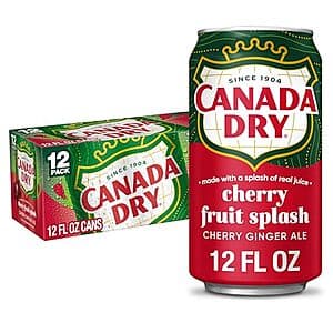 12-pack of 12 oz Canada Dry Cherry Ginger Ale cans in red and gold packaging.