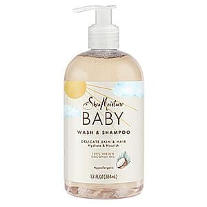 13 oz bottle of Shea Moisture Baby Wash and Shampoo with label visible.