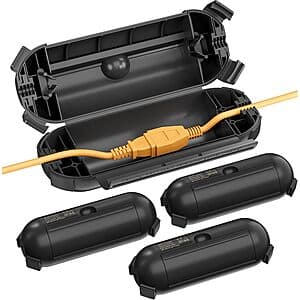 Three black outdoor extension cord safety covers with watertight silicone end seals designed for weatherproofing.