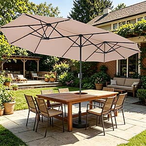 Ainfox 13-foot rectangular patio umbrella with powder-coated steel pole and 12 steel ribs, featuring UV-protective polyester fabric in various colors.